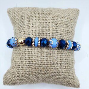 Blue & Gold Glass Bead Stretch Bracelet - Elegant 6-Inch Jewelry